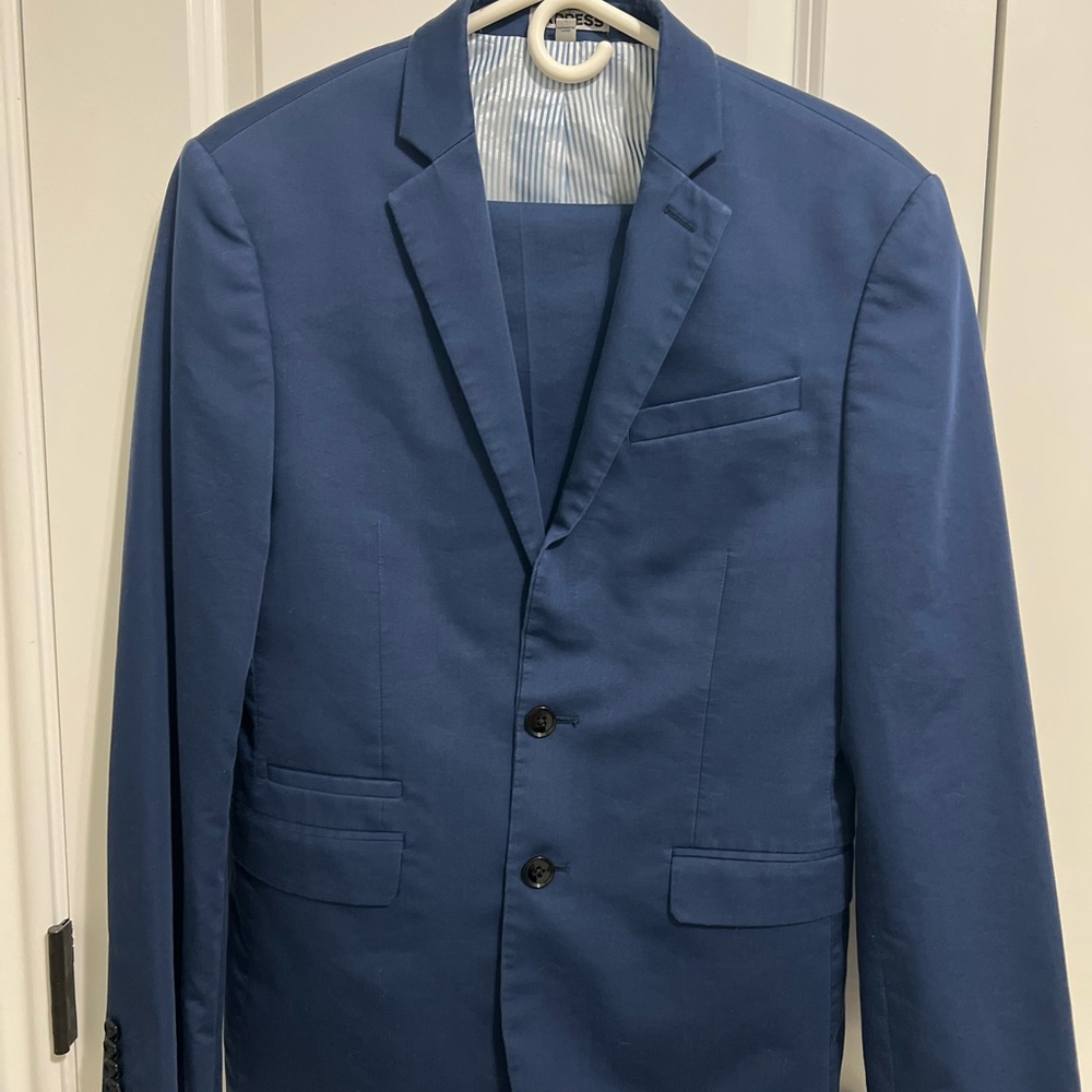 Express Men’s Photographer Fitted Navy 2 piece Suit Jacket Blazer Pants 28 29